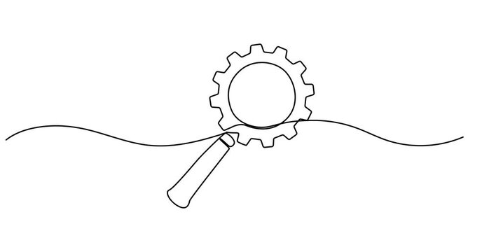 Self drawing line animation Search engine optimization magnifier and gears continuous line drawn concept video, Setup concept. One line drawing animation. Motion design. Animated technology.