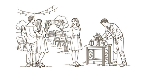 Obraz premium Line art illustration of an outdoor wedding setup. A couple stands with arms around each other, admiring a floral-decorated ceremonial arch and arranged chairs