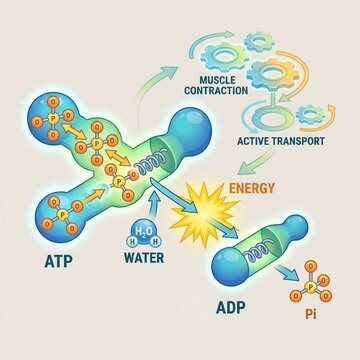 A colorful 3D illustration showing ATP breakdown into ADP and phosphate, releasing energy to power muscle contraction and active transport through molecular mechanisms.