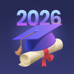 Template design for congratulations to graduates of educational institutions in 2026. Academic cap and paper scroll, volumetric illustration symbol.