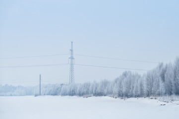 Winter Landscape with Communication Tower and Frost Trees