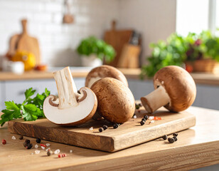 Obraz premium Frische braune Champignons auf einem Holzbrett in der Küche