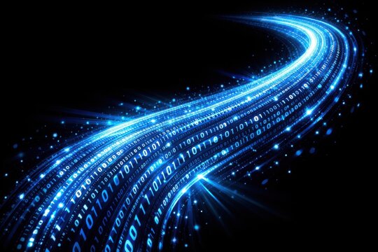 Blue glowing data stream made of binary code flowing in curved perspective, high speed digital information transfer, futuristic technology background.