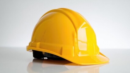 Yellow construction hard hat resting on a smooth surface. Concept Construction Safety Gear, Yellow Hard Hat, Studio Still Life, Smooth Surface Texture, Workplace Essentials