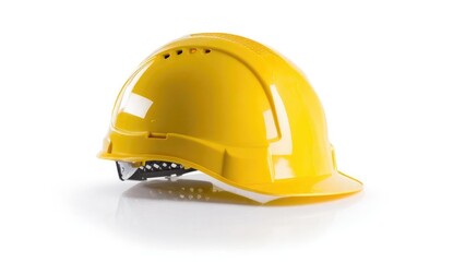 Fototapeta premium Yellow construction safety helmet on a white background Concept Safety Gear Product Photography, Construction Hard Hat, Yellow Helmet, White Background Studio Shot, PPE Essentials