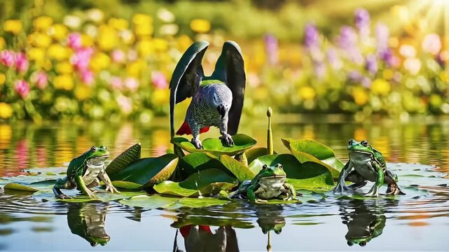 A vibrant parrot takes flight amidst a lily pad haven startling a group of curious green frogs in a sun-drenched pond a whimsical wildlife portrait
