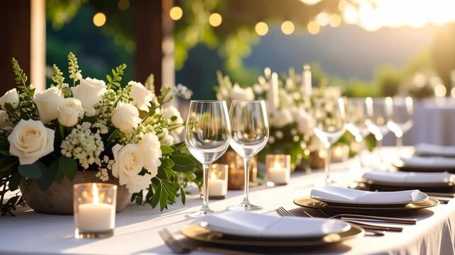 Elegant outdoor wedding reception table setting with white roses and candles