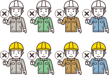 不正解の札を上げるヘルメットと作業服を着用した男性のアイコン