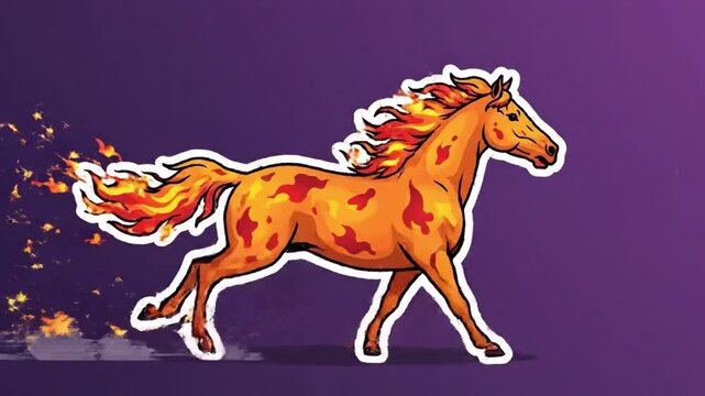 Stylized vector illustration of a running yellow horse with fire patterns on a purple background.