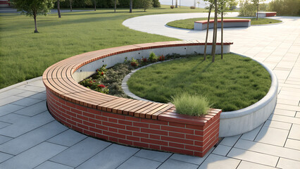 Curved Wooden Outdoor Bench with Brick Base in Modern Landscaped Park