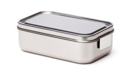 Rectangular stainless steel lunch box with a lid. Concept Rectangular stainless steel lunch box, Leak-proof lid, Durable metal body, Easy-clean finish, Stackable and space-saving