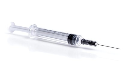 A clear disposable syringe with a needle. Concept Medical equipment close-up, Clear syringe with needle, Injection safety, Hospital supplies, Biomedical photography