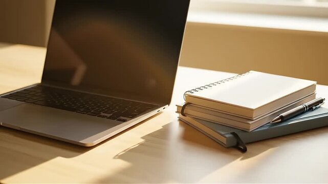 Bright sunlight illuminates a modern workspace featuring an open laptop and stacked notebooks symbolizing productivity creativity and focused work from home concepts