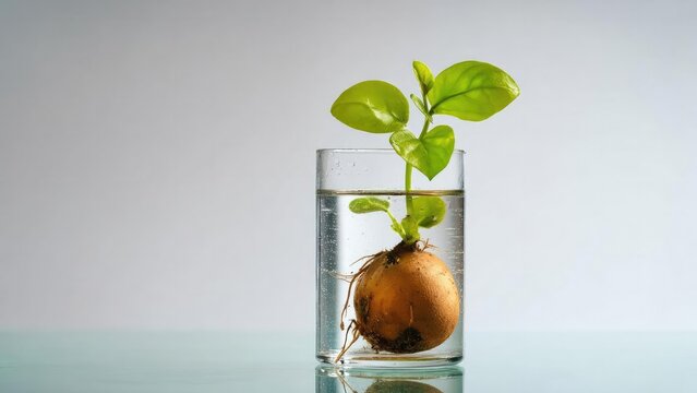 A potato in a glass of water sprouts a green stem with leaves above the surface, while roots grow below. Concept Sprouting potato in a glass of water with a green stem and leaves