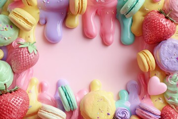 Whimsical pastel candy and macaron border with drips on a soft pink background
