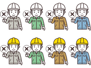 不正解の札を上げるヘルメットと作業服を着用した男性のアイコン