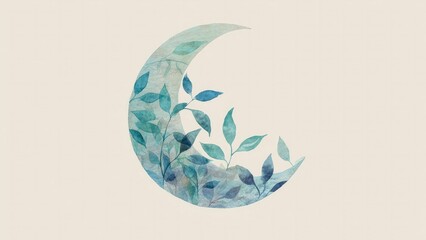 A crescent moon formed by blue-green leaves in watercolor. Concept Watercolor, Leaves, Crescent Moon, Botanical Art, Blue-Green Palette