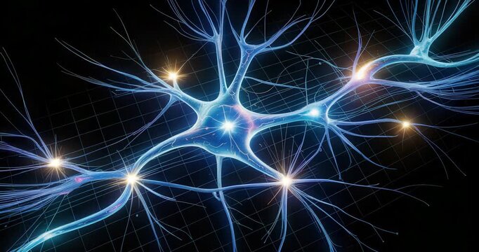 Glowing blue neurons on dark background with grid pattern