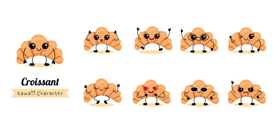 Obraz premium Kawaii Croissant Characters Set With Different Emotions Vector