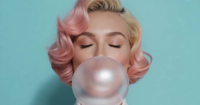 Woman blowing pink bubble gum bubble with blue eyes and pastel hair