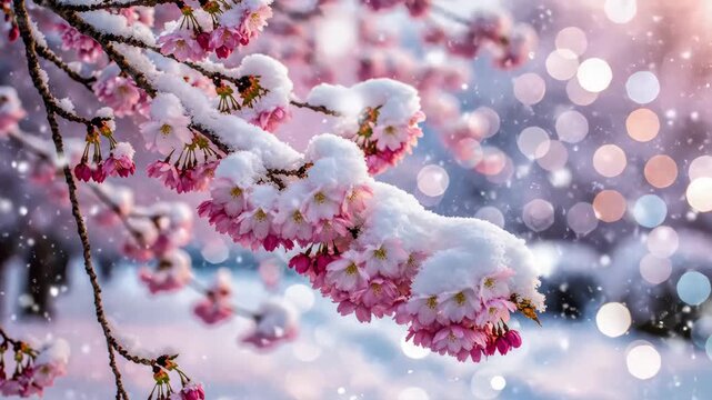 Delicate pink cherry blossoms covered with fresh white snow during a beautiful winter day