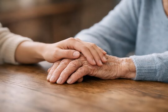 Doctor or Mental health and elderly care concept.Close up hands of doctor or caregiver hands elderly home care or hospital.Arthritis person's hand in 