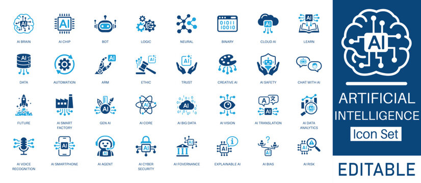 Artificial Intelligence and Machine Learning solid icon set. Includes symbols for Gen AI, AI Brain, Automation, and Neural Network. Solid vector icons for future technology and data.