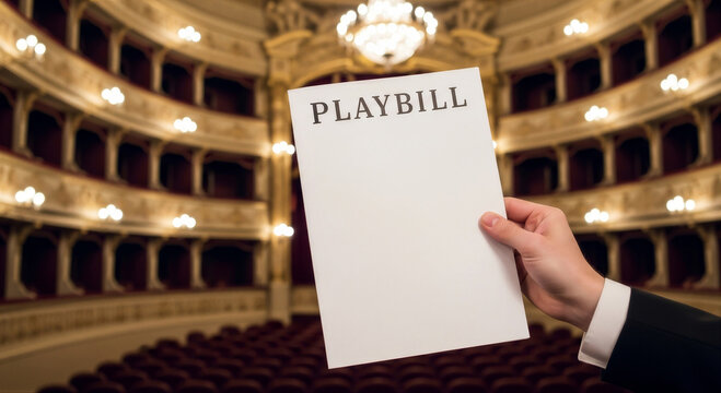 Hand holding a playbill in a grand theater setting with elegant interior and empty seats