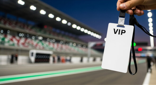 Vip pass held at race track with blurred background of grandstand and track lights