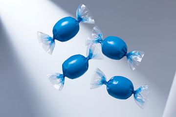 set of blue Wrapped Candy in Motion on Pure White Background