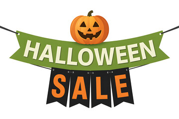 Halloween Sale Promotion with Jack O Lantern and Colorful Ribbon on White Background


