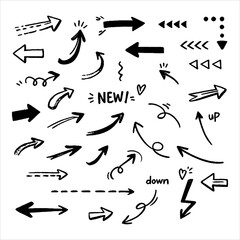 Collection of various hand-drawn arrow symbols and doodles on a white background