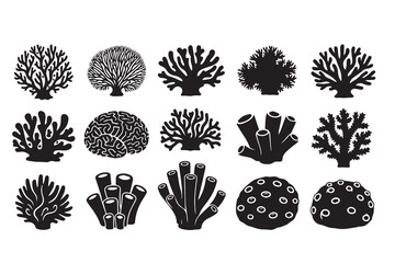 Coral Reef Silhouette Set – Underwater Sea Plants, Ocean Sponges, and Marine Flora Vector Icons © Vector 4 You