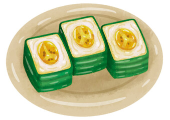 Hand painted illustration of a traditional Asian sweet cake wrapped in a banana leaf. This artwork is suitable for food blogs, menu designs, packaging, and cultural or editorial projects.