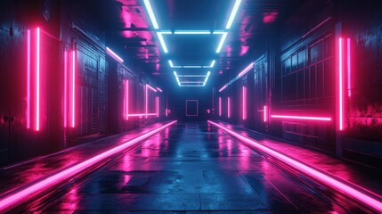 Fototapeta premium Futuristic neon corridor with pink and blue lights reflecting on wet floor