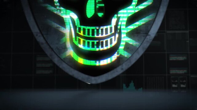 Close-up view of a digital skull emerging inside a security shield, symbolizing malware dominance, cyber threats, compromised systems, and aggressive digital attack scenarios.