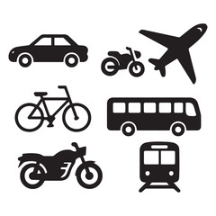 Transport icon set, vehicle icons containing car, bike, plane, train, bicycle, motorbike, bus vector silhouette 