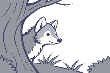 Obraz premium Curious wolf pup peeking playfully from behind a tree and grass illustration