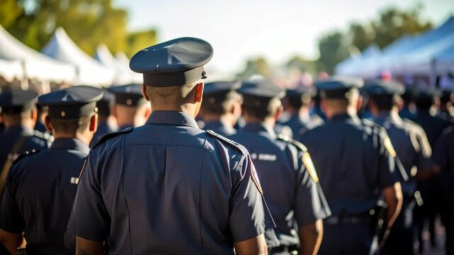 Law enforcement officers in uniform standing in formation outdoors during a sunny day