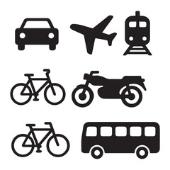 Transport icon set, vehicle icons containing car, bike, plane, train, bicycle, motorbike, bus vector silhouette 