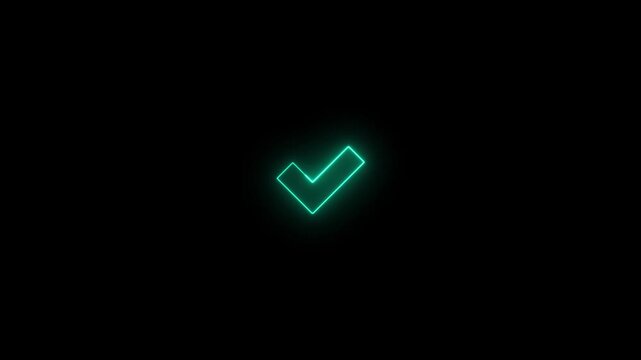 Glowing neon check mark on black background