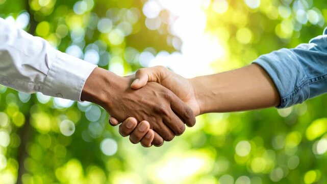 Close-up of two diverse hands shaking against a blurred green and yellow background.