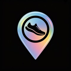 Holographic translucent icon of a sneaker within a pinpoint shape against a black background featuring a colorful gradient effect with shades of pink blue and yellow