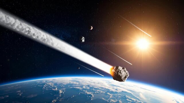 Asteroid impact trajectory over Earth with sunlight and stars in deep space