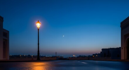 Vintage Style Street Lamp Illuminating Dark Blue Night Sky with Crescent Moon