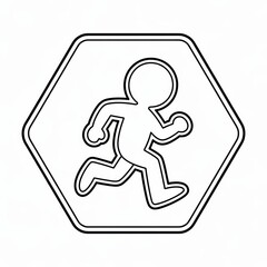 Minimalist black line illustration of faceless running human silhouette inside hexagonal frame on white background conveying movement and simplicity in monochrome style
