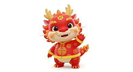 Fototapeta premium Cute 3D Chinese Dragon Mascot in Red Traditional Costume, Lunar New Year Character Isolated on White Background, Festive Asian Zodiac Illustration