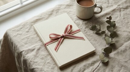 A blank notebook with a holiday ribbon is placed on a textured beige fabric next to a cup of coffee and eucalyptus leaves in a softly lit room by a window on a calm day