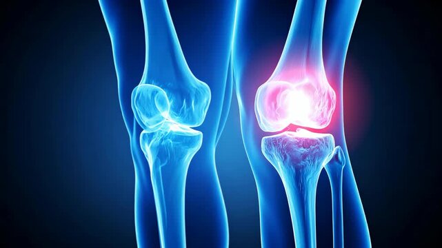 3D human knee joint anatomy with inflammation highlighted in red, glowing blue bones
