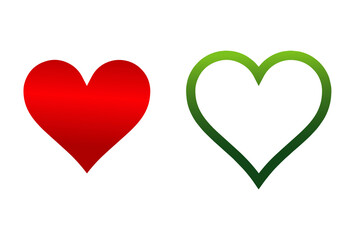Pair of heart shapes: one solid red gradient, one green outline, representing contrast or options